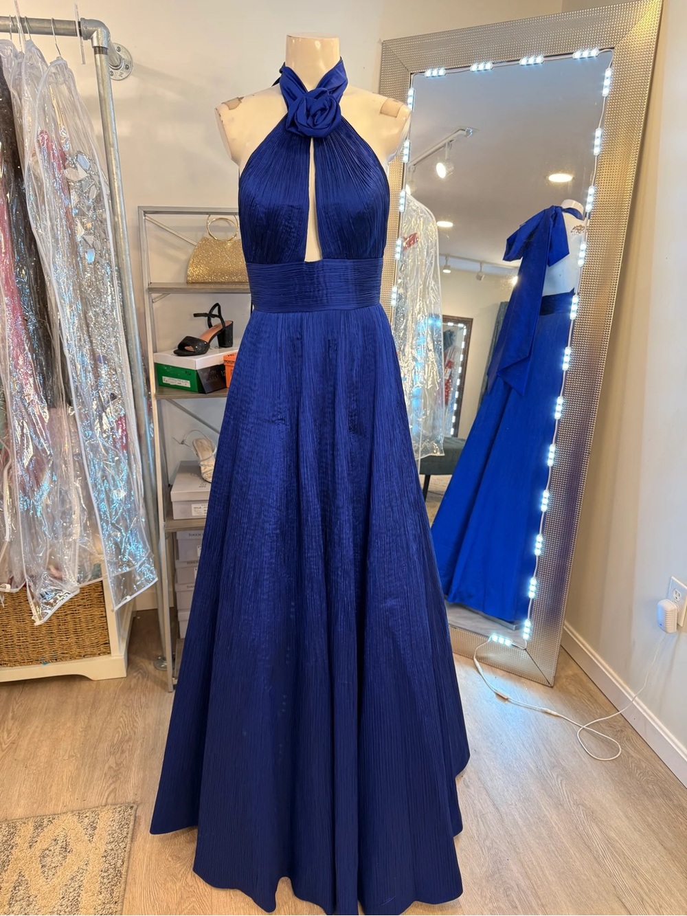 Tarik Ediz Elegant Halter Evening Gown in Blue